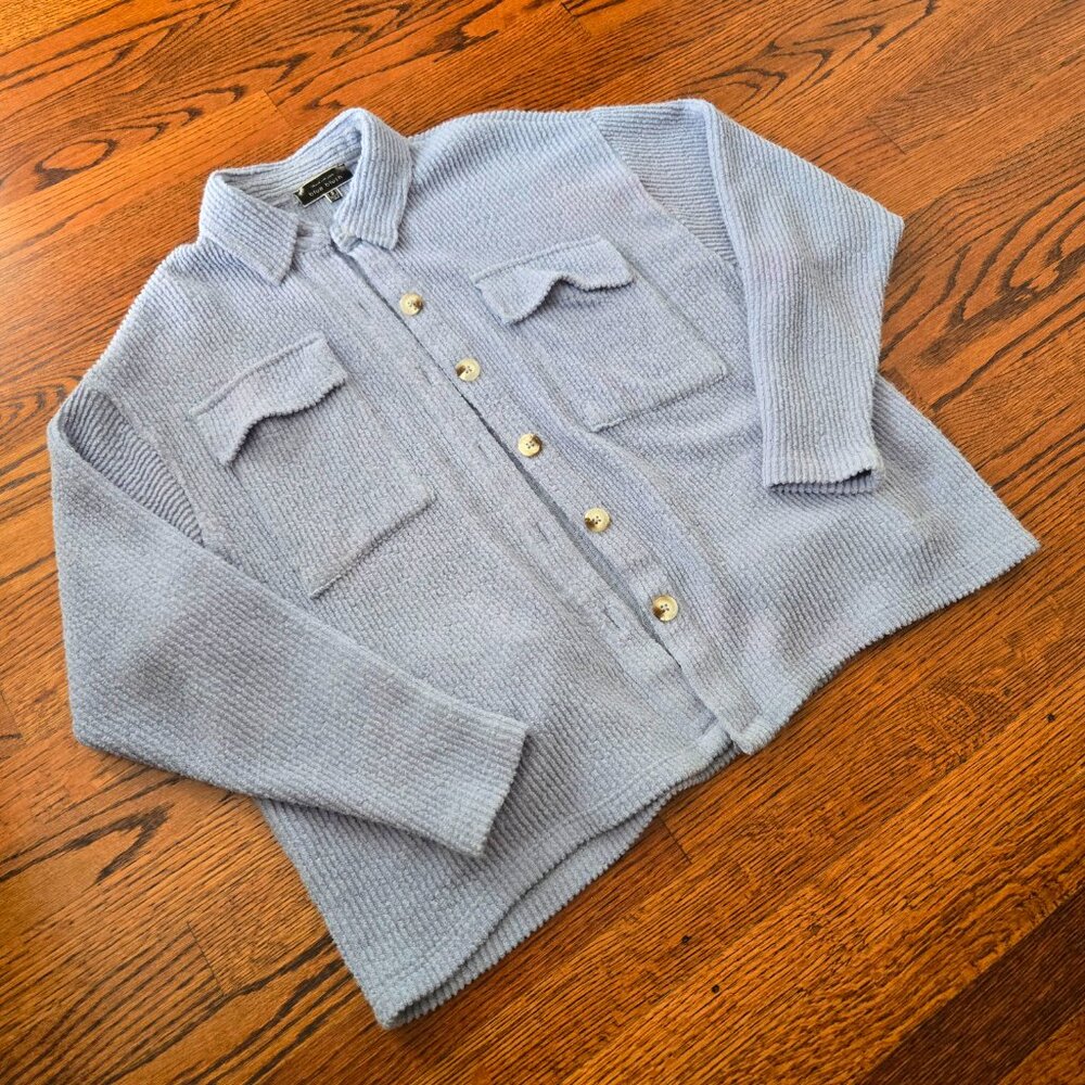 Blue blush baby blue soft ribbed button up collared cardigan/sweater, size S